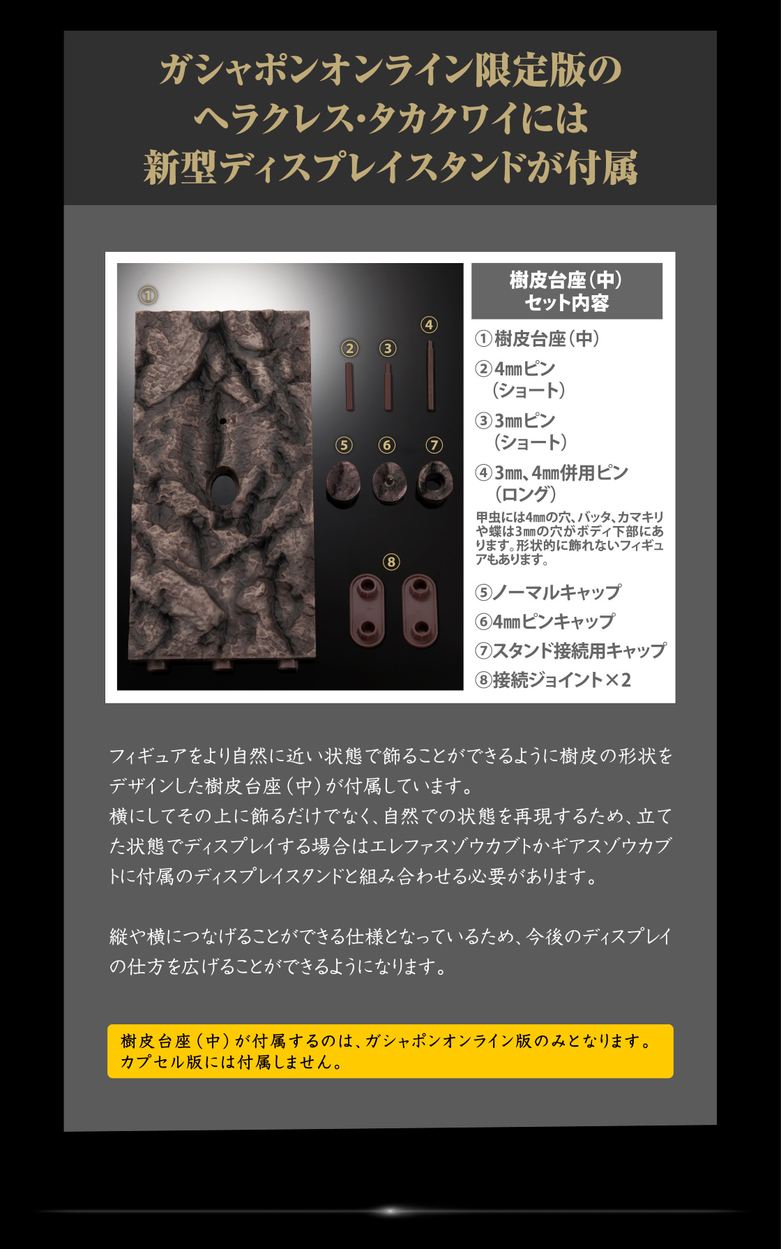 ガシャポンオンライン限定版のヘラクレス・タカクワイには新型ディスプレイスタンドが付属