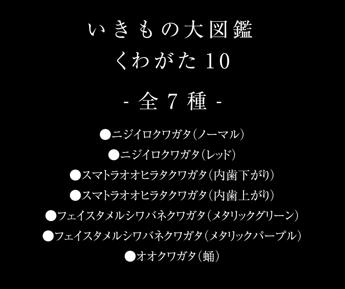 いきもの大図鑑 くわがた10 -全7種- ●ニジイロクワガタ(ノーマル) ●ニジイロクワガタ(レッド) ●スマトラオオヒラタクワガタ(内歯下がり) ●スマトラオオヒラタクワガタ(内歯上がり) ●フェイスタメルシワバネクワガタ(メタリックグリーン) ●フェイスタメルシワバネクワガタ(メタリックパープル) ●オオクワガタ(蛹)
