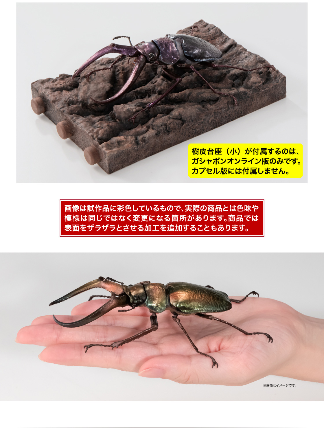 樹皮台座(小)が付属するのは、ガシャポンオンライン版のみです。カプセル版には付属しません。