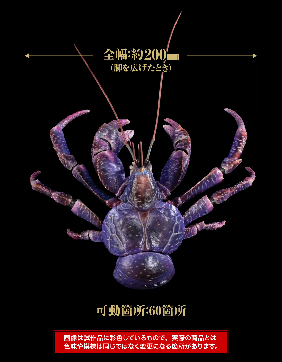 全長：約200mm（脚を広げたとき） 可動箇所：60箇所 ※画像は試作品に彩色しているもので、実際の商品とは色味や模様は同じではなく変更になる箇所があります。