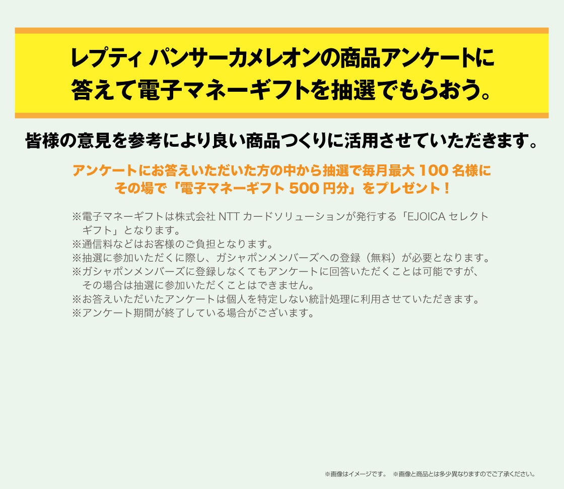 いきもの大図鑑レプティ カメレオンの商品アンケートに答えて電子マネーギフトを抽選でもらおう。